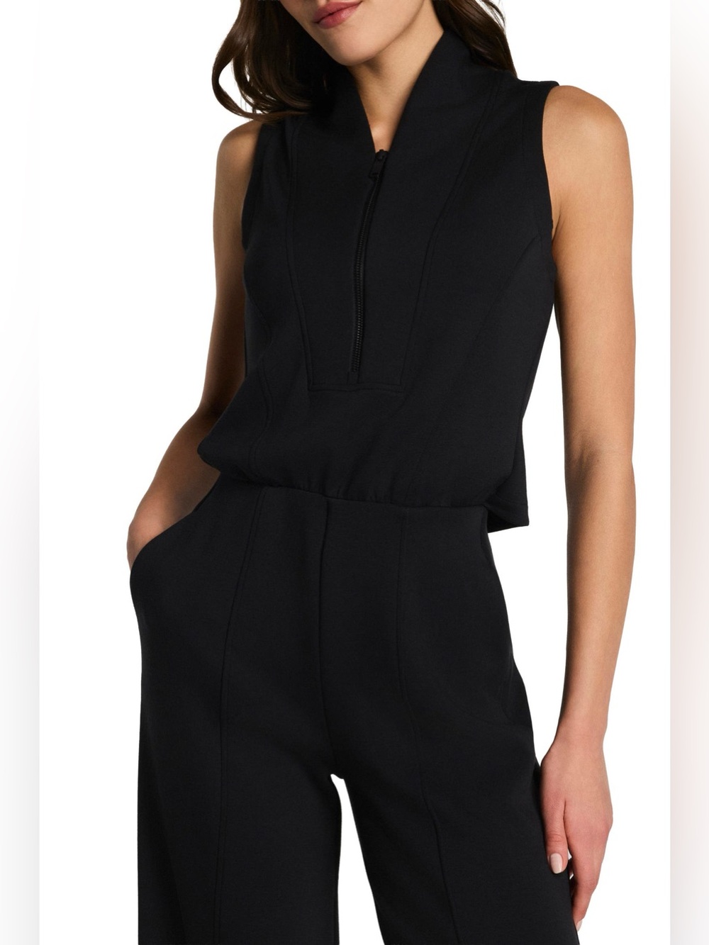 SPANX AirEssentials Draped Jumpsuit Black Sleeveless Wide-Leg Zip-Front - XLarge - Picture 3 of 9
